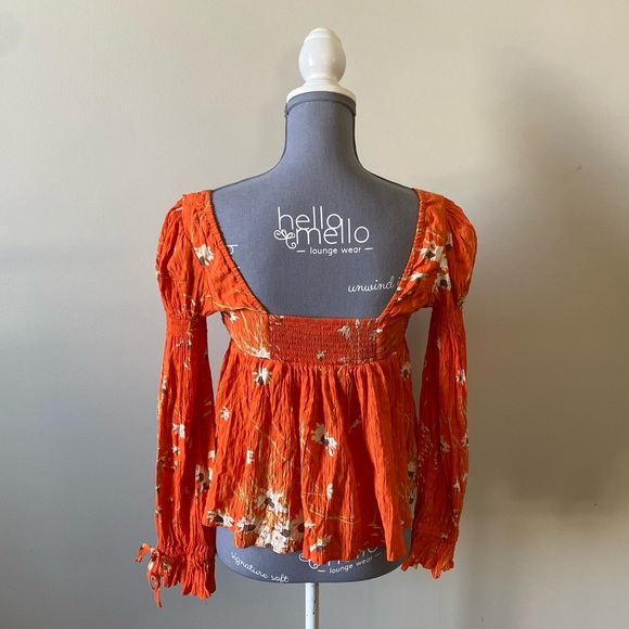 Urban Outfitters Allie tie sleeve orange floral button front bohemian blouse - Picture 9 of 11